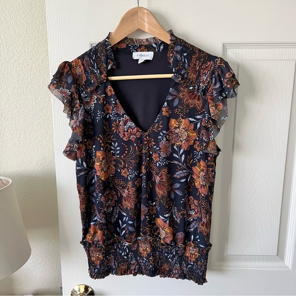 Evereve Tinslee Floral Blouse Smocked Mesh Top Sz Medium - Picture 5 of 14